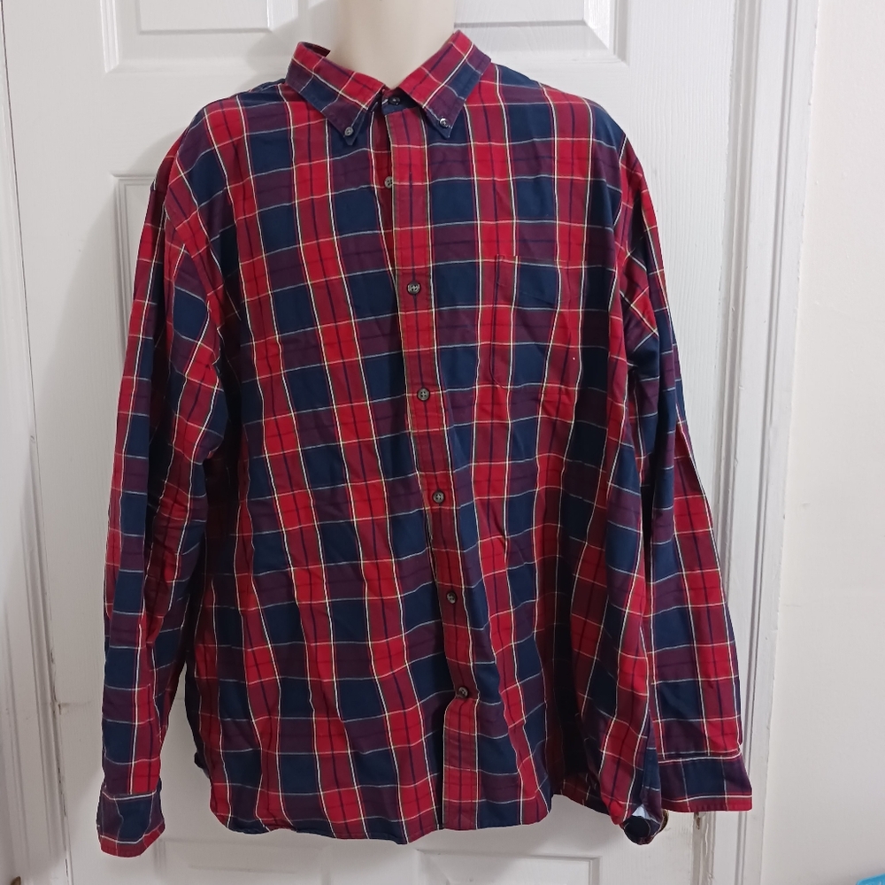 Lands End Oxford Shirt Tartan Checked Red Blue Xxl Cotton